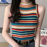 Bonnyshow  Knit Short Vest With Rainbow Stripes On The Shoulder Women Sleeveless T Shirts Off Shoulder Striped O Neck Tank Top