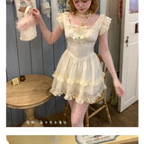 Bonnyshow  Summer New Fresh High Waist Bow Slimming Lace Small Fly Sleeve Party Dresses Original Sweet Girl Vacation Short Dress
