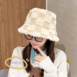 Bonnyshow Winter Bucket Hat for Women Plaid Warm Plush Fisherman Cap Korean Ladies Faux Rabbit Fur Thicken Bob Panama Hats gorro