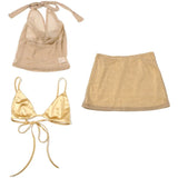 Bonnyshow  Sexy  Sequined Skirt 2 Pieces Set Women Solid Halter Lace Up Crop Tops Min Zippers Dropped Skirts 2025 Summer Party Suit Lady