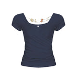 Bonnyshow  Simple Beading V-Neck Hotsweet Summer T-Shirts Short Sleeve Slim Cute Design Fashion Women Blouses