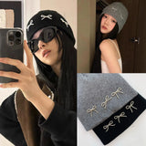 Bonnyshow Solid Color Bow Knitted Hat Women Korean Y2K Girls Beanie Cap Autumn Winter Warm Female Ear Protection Hats Gorras