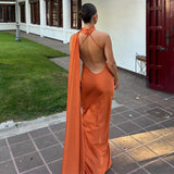 Bonnyshow Women Elegant Solid Slim Long Dress Chic Sleeveless Backless  Oblique Shoulder Pleated Robe   Summer Lady Party Vestidos