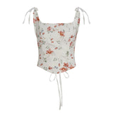 Bonnyshow  Fashion Bandage Skinny Floral Prints Women Camisole Tops Square Neck Sweet Backless Blouses