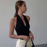 Bonnyshow  Summer Hot Girls New Summer Women Vest Tops Halter Neck Sleeveless Slim Sexy Camisole Tanks Deep V-neck Mature Black Vests