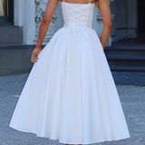 Bonnyshow  Sexy Spaghetti Straps Elegant White Dress Women Lace Up Bandage Back V Neck A-line Evening Party Dresses Midi Robe