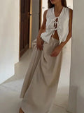 Bonnyshow  Loose Long Skirt Set Woman 2 Pieces Lace Up O-neck Sleeveless Tops High Waist A-line Skirt Lady 2025 Summer Casual Streetwear