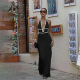 Bonnyshow  Summer Halter Knitted Long Dress Elegant Backless Sleeveless Patchwork Women Maxi Dresses Fashion Deep V Neck Beach Robes