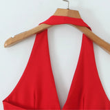 Bonnyshow  Sexy Red Halter Dress Women Slim Low Waist Spliced 3D Flower Swing A-lined Backless Short Dresses Summer Robe