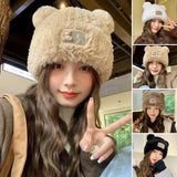 Bonnyshow Cute Bear Beanie Cap for Women Winter Warm Thick Knitted Plush Hat Korean Cartoon Female Ear-Protection Hats