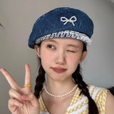 Bonnyshow Denim Pearl Bow Kont Beret Cap Korean Vintage Y2k Lace Hat Summer Designer Female Thin Denim Beach Travel Sunscreen Painter Cap
