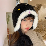 Bonnyshow Winter Plush Knitted Hat for Women Korean Colorful Button Beanie Cap Outdoor Thicken Warm Coral Fleece Ear Protection Hats