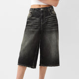 Bonnyshow  Women Long Baggy Jean Shorts Y2k Vintage Straight Leg Casual Knee Length Denim Bermuda Shorts Jorts with Pockets
