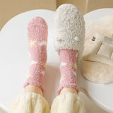 Bonnyshow Cute Coral Velvet Socks Women Winter Warm Plush Middle Tube Sleeping Socks Girls Harajuku Cartoon Star Pattern Floor Socks