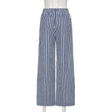 Bonnyshow  Y2k Letter Print Striped Wide Leg Pants Streetwear Baggy Trousers Women Drawstring Pocket Casual Pants Summer Clothing