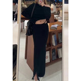 Bonnyshow Spring New Korean Strapless Sexy Threaded Knitted Long Sleeve T-Shirt Women + High Waist Lace Up Black Skirt Two-Piece Suit