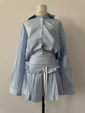 Bonnyshow  Loose Casual Blouse Stripe Shirts Mini Skirt 2 Pieces Sets Women Suit Spring Summer High Waist Short Skirt Set