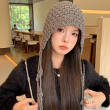 Bonnyshow Korean Wool Tassel Knitted Hat for Women Winter Warm Ear Protection Cap Sweet Solid Color Female Pullover Hats Gorros