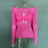 Bonnyshow Sheer Off-Shoulder Top Shirt for Women New Long Sleeve See-Through Lace Knit Pullover Tops Summer Mesh Top Tee Shirt