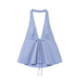 Bonnyshow  women's vest top with bow decoration hanging neck collar and backless suspender style summer new vest top