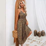 Bonnyshow Summer Leopard Print Camisole Mid Length Dress with European and American Style High Waisted V-neck Dress