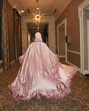 Bonnyshow Arabic Muslim Pink Long Robe Ruffles Trimmed A-line Modest Evening Dresses With Hoddies kaftan Full Sleeves Evening Gowns