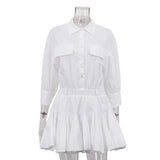 Bonnyshow  Casual Shirt Dress For Women Lapel Folds Short Dress Loose High Waist A-line Dress Buttons 2025 New Female White Dresses