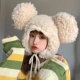 Bonnyshow Cute Big Ear Bear Plush Hat Women Winter Thicken Lamb Cashmere Earmuffs Cap Female Lady Solid Color Cartoon Fluffy Bomber Hats