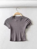 Bonnyshow Summer Sexy Women O-neck Short-sleeve T-shirt Slim Elastic Skinny Crop Tops