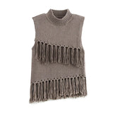 Bonnyshow Fashion Knitted Slanted Tassel Women's Pullover Tops Casual Solid Color Sleeveless Sweater Women Retro Slim Fit Vest Sweaters