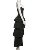 Bonnyshow  Patchwork Striped Print Maxi Dress Women Bow High Slits Multi-Layered Ruffles Sleeveless Backless Sweet Fashion Vestidos