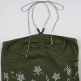 Bonnyshow  Fashion Flora Print Irregular Slim Fit Women Halter Tops Simple Causal Retro Knitted Ruched Beading Blouses