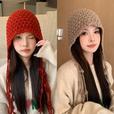 Bonnyshow Korean Wool Tassel Knitted Hat for Women Winter Warm Ear Protection Cap Sweet Solid Color Female Pullover Hats Gorros