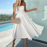 Bonnyshow  Casual Sleeveless Solid Party Sexy Strapless High Waist Women Banquet Summer Off Shoulder Hollow Pleated Long Dress