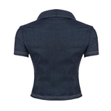 Bonnyshow  Retro Workwear Pocket Shirt Fashion Streetwear Women Y2K Button Up Tee Dark Blue Short Sleeve Fitted Crop Top Lady