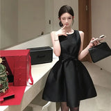 Bonnyshow  French Elegant Bow Sweet Slimming Sleeveless Black Birthday Dress for Women Summer Waist Cinched A-line Mini Dress for Women