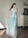 Bonnyshow  High-end temperament elegant set women spring summer V-neck sleeveless top pleated half body long skirt two-piece set