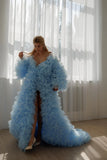 Bonnyshow Amazing Light Blue Layered Tulle Long Jacekt Puff Sleeves Ruffles Trimmed Women Jacket Maxi Gowns Bridal Cape Outwear Coat