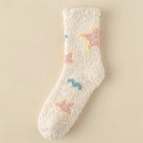 Bonnyshow Cute Coral Velvet Socks Women Winter Warm Plush Middle Tube Sleeping Socks Girls Harajuku Cartoon Star Pattern Floor Socks