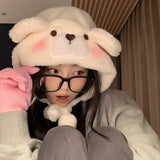 Bonnyshow Winter Plush Hat for Women Cute Cartoon Bear Ears Female Windproof Cap Solid Color Warm Lamb Fleece Ear Protection Hats