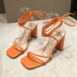 Bonnyshow  Sandals, size 2025 women's shoes, worn with square toe straps, thick heel, Roman European straps, trendy