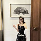 Bonnyshow  Letter Printed Lace Camisole Women'S Corset Cute Crop Tops Gothic Bow Self-Cultivation And Internal Construction Tank Top
