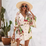 Bonnyshow V-neck Leaf Print Five Quarter Sleeve Lace Up Dress for Summer New Fashionable Women