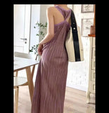 Bonnyshow  Striped Vest Knit Dress Women Elegant Solid Knitted Backless Slim Long Dress Sexy Sleeveless Dresses Summer Lady Party