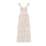 Bonnyshow  Romantic Floral Print Maxi Dress Ruffle Trim Lace Detail Tiered Long Pretty Pink For Women Sleeveless Summer TH9769