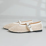 Bonnyshow  Hollow Out Weave Mary Janes Shoes Women Pu Leather Breathable Summer Flats Shoes Ladies Pointed Toe Elegant White Loafers New