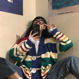 Bonnyshow  Korean Lazy Wind Rainbow Baggy Cardigans Women Vintage Classic V-Neck Pockets Students Autumn Knitted Cozy Leisure Sweaters