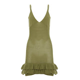 Bonnyshow  Green Pleated Hem Knit Mini Dress Sexy See Through Strap Bodycon Dresses Concert Outfits For Women Summer Vocation Robe