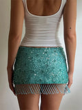 Bonnyshow  Sexy Sequin Tassel Women's Skirts Solid High Waist Patchwork All Match Female Skirt 2025 Summer New Lady Party Club Streetwears