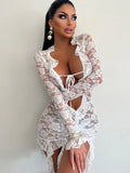 Bonnyshow Lace Hollow Out Sexy Dress For Women Deep V Robes Elegant Evening Party Dress Bodycon Mini Autumn Dress Vestido